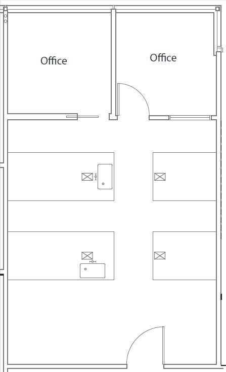 Suite 209/210 floor plan with two offices and four wet-lab benches