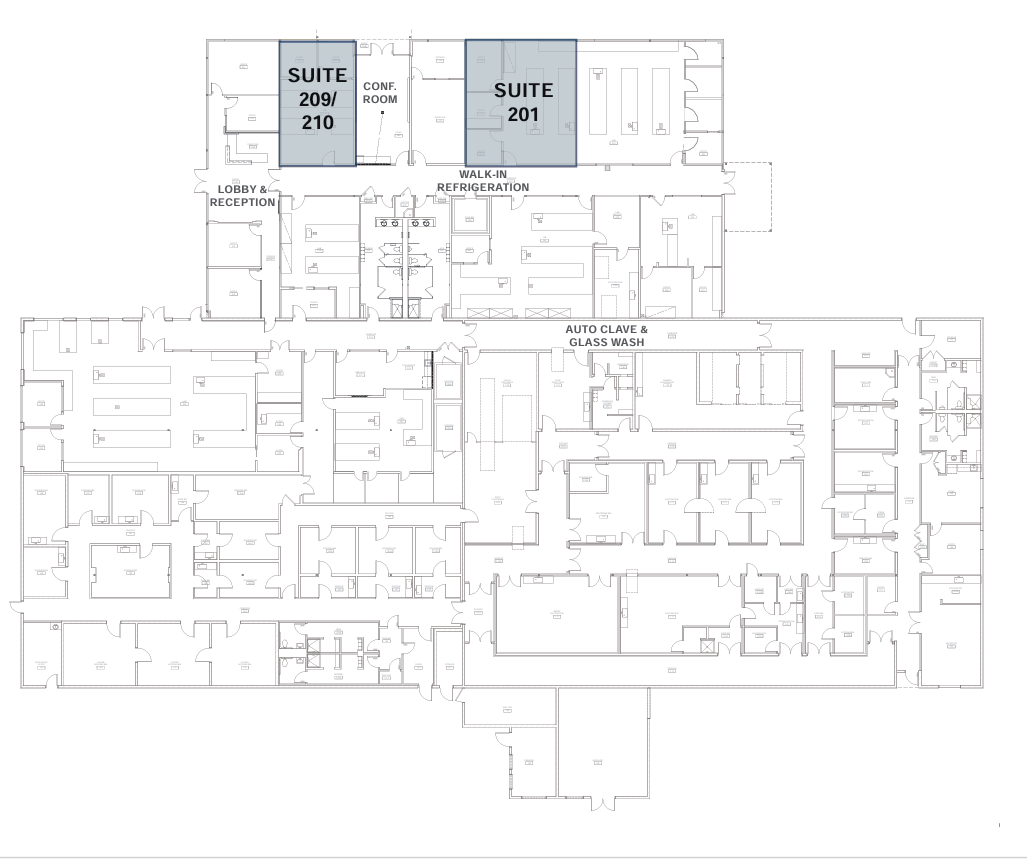 Overall building floor plan with Suite 201 and Suite 209/210 highlighted