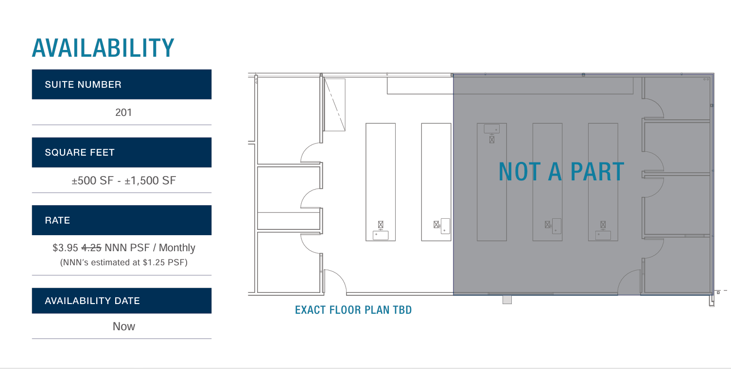Suite 201 floor plan, ±500 to ±1,500 SF, exact floor plan TBD